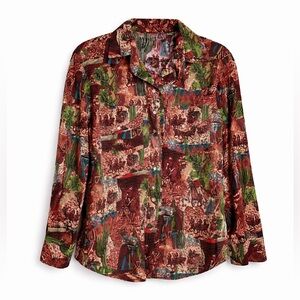 Handmade Western Scene Button Up Shirt Pearl Snap Cowboy Print Large